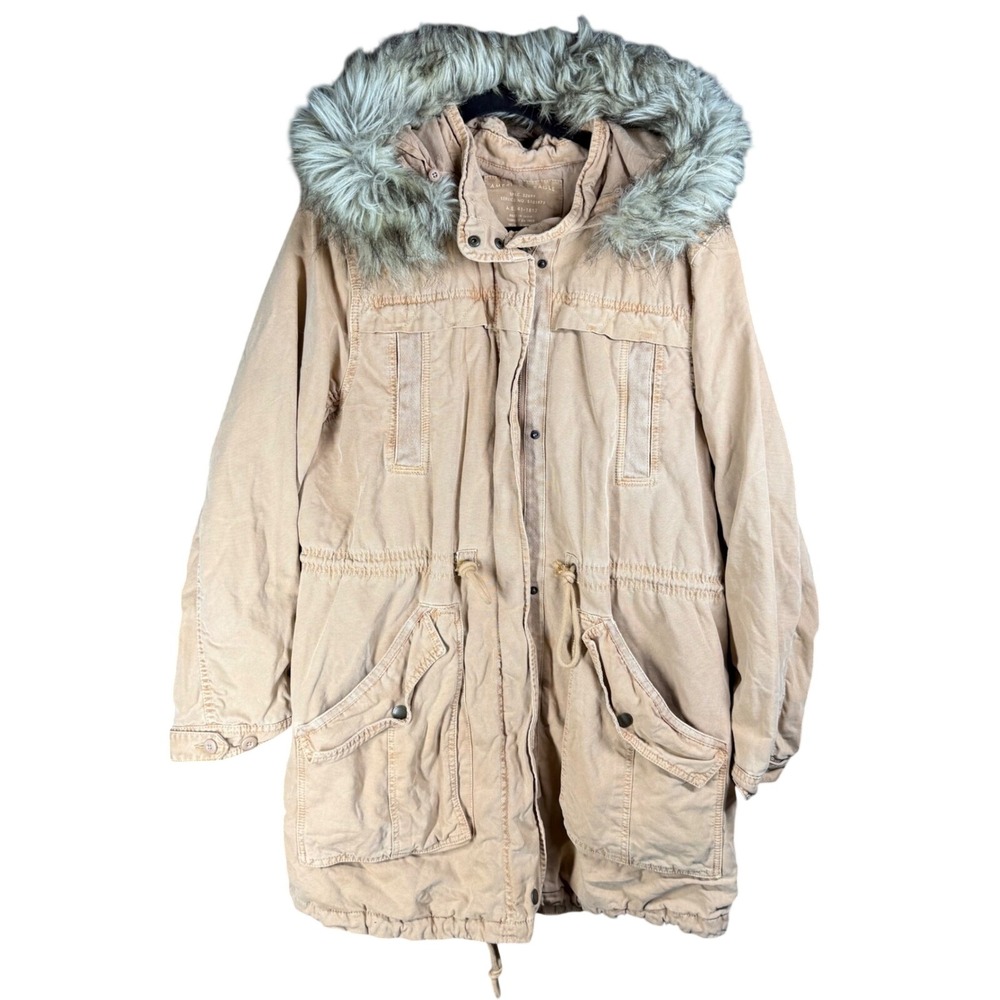 American Eagle Parka Mens XL Tan Faux Fur Trim Hooded Cotton Utility Jacket